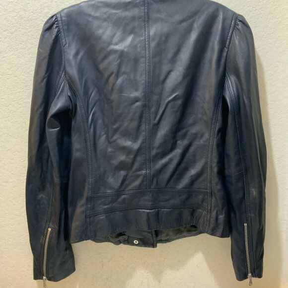 Rebecca Taylor Blue Moto Genuine Leather Jacket Full Zip Long Sleeve Size 2 - Picture 10 of 12
